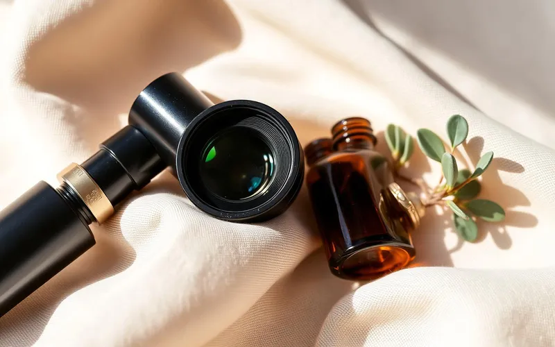 Dermatoscope and treatment vial on ivory linen at Skin Solution Clinic
